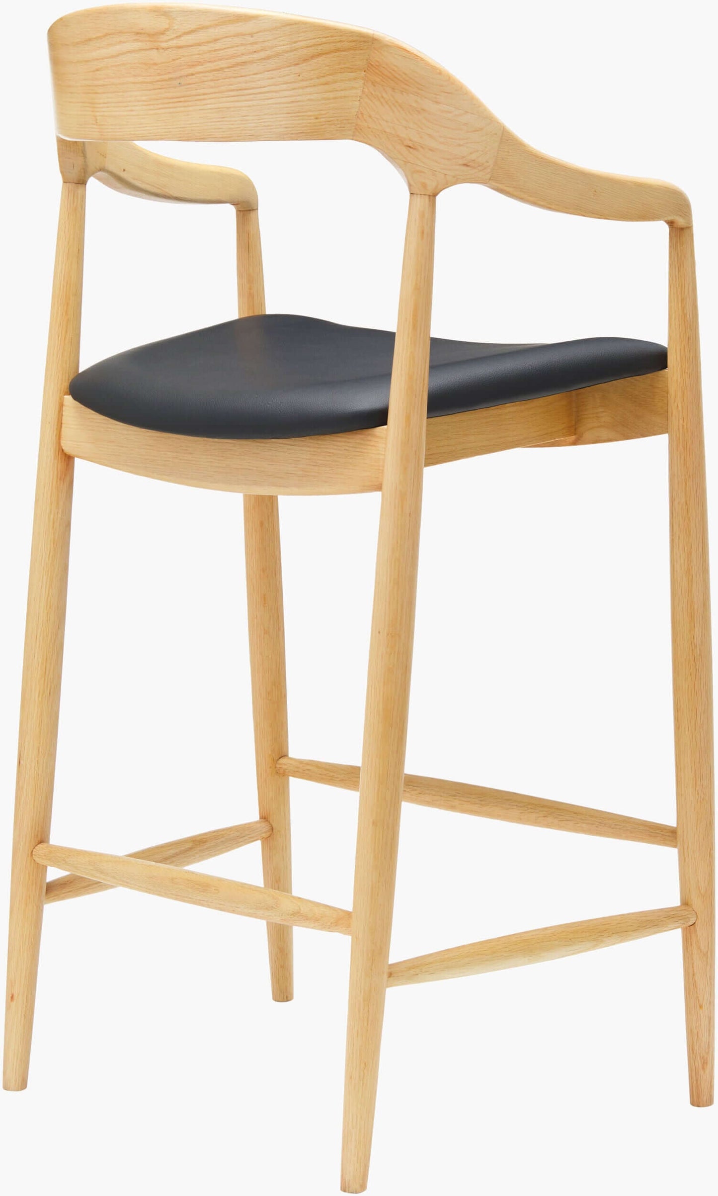 Back view of the Kisco Natural Bar Stool by Surya, showcasing its sleek natural wooden frame and comfortable faux leather seat.