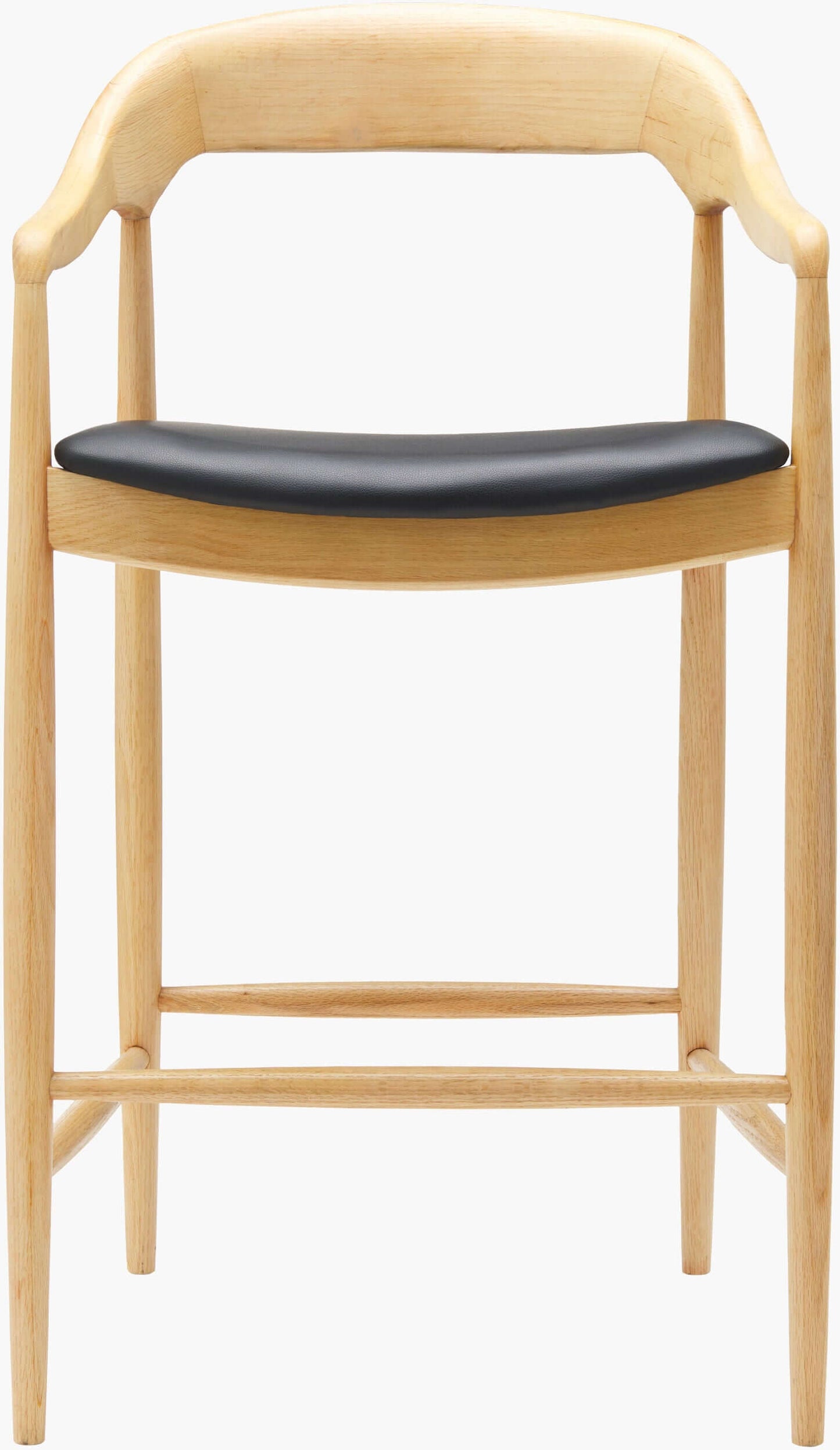 Front view of the Kisco Natural Bar Stool by Surya, highlighting the minimalist design and plush black faux leather seat.