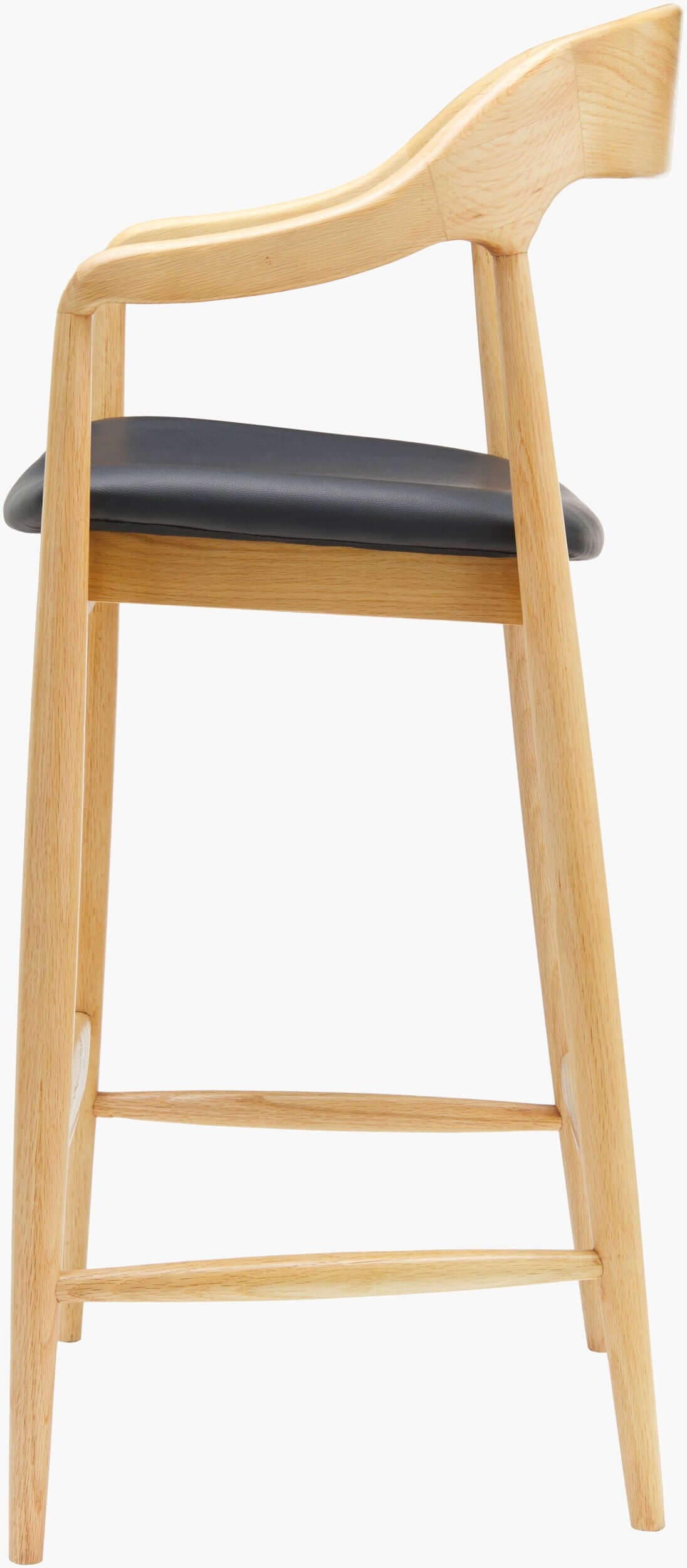 Side profile of the Kisco Natural Bar Stool by Surya, highlighting the modern design and sturdy ash wood legs with a natural finish.