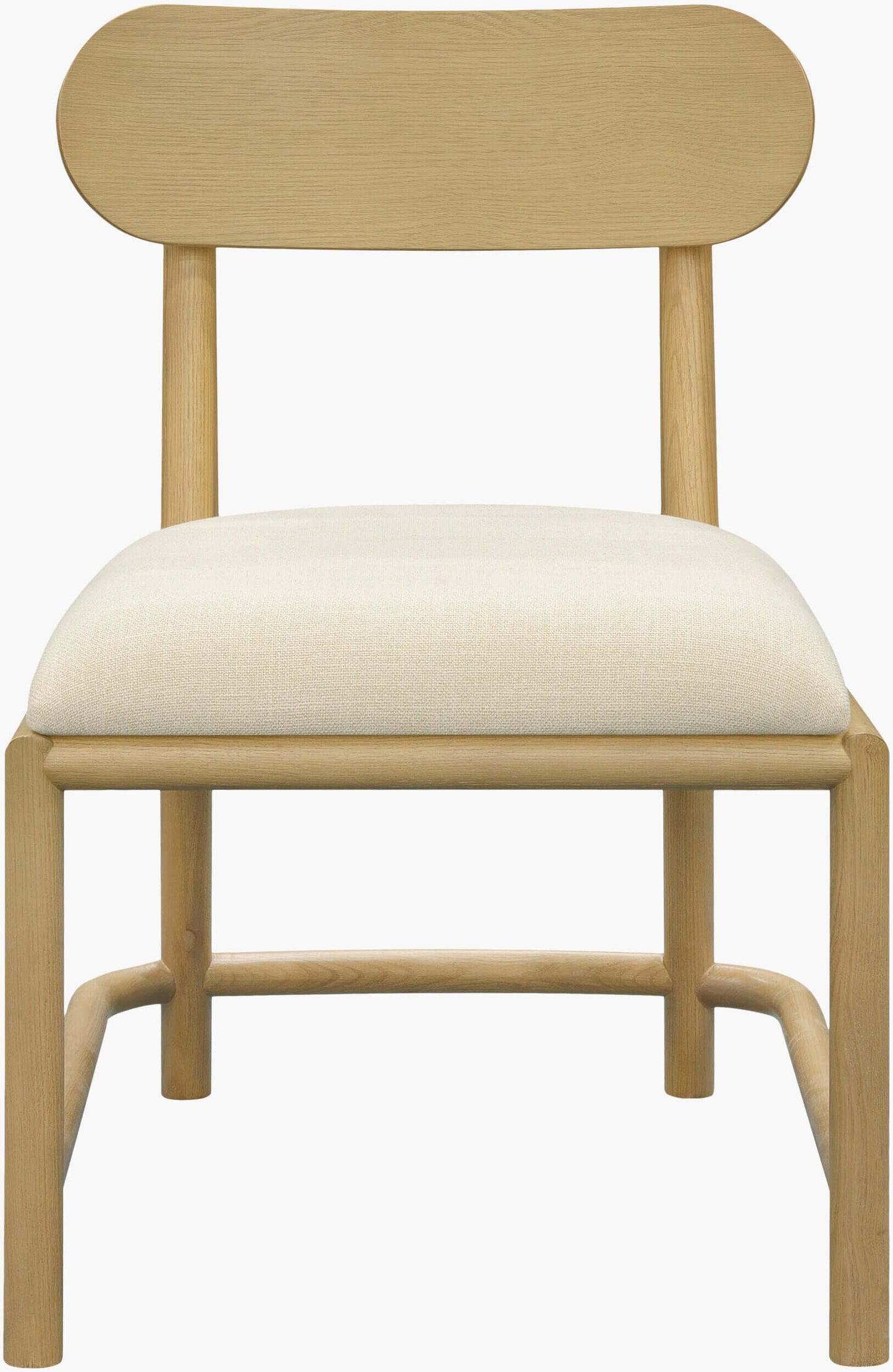 Front view of Keating Dining Chair with oak wood base and polyester upholstery.