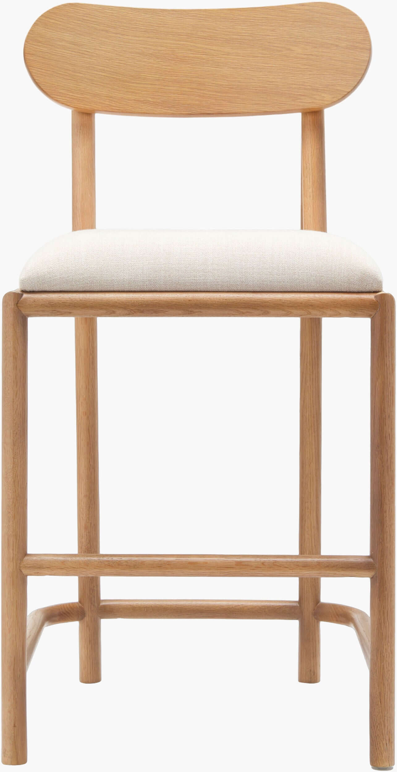 Front view of the Keating Bar Stool with a minimalist modern design and oak base.