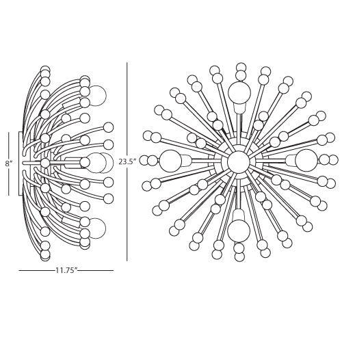 Diagram of larger Anemone Flushmount for dining rooms, with dimensions 23.5" W x 11.625" H.