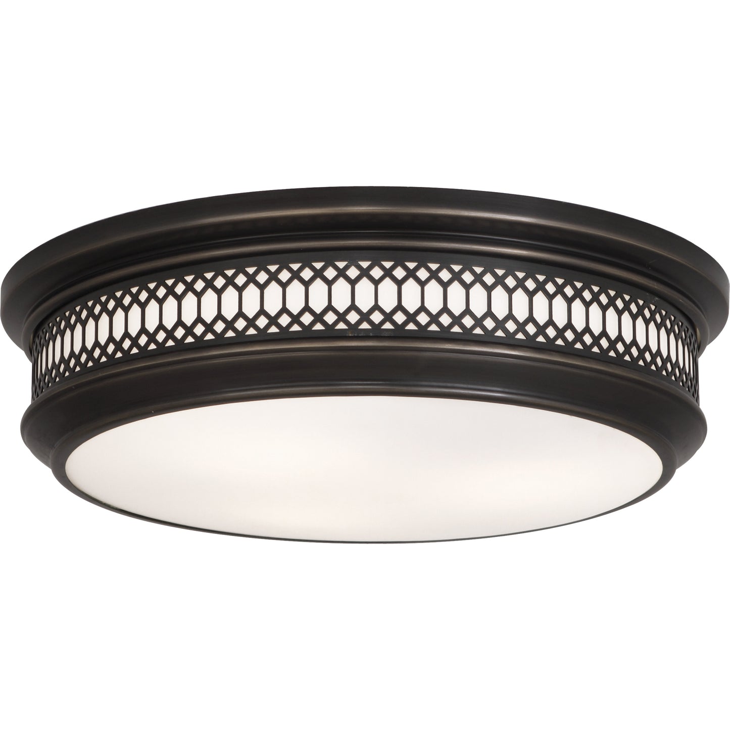 Deep patina bronze large Tucker flush mount with frosted glass and bold lattice detailing.