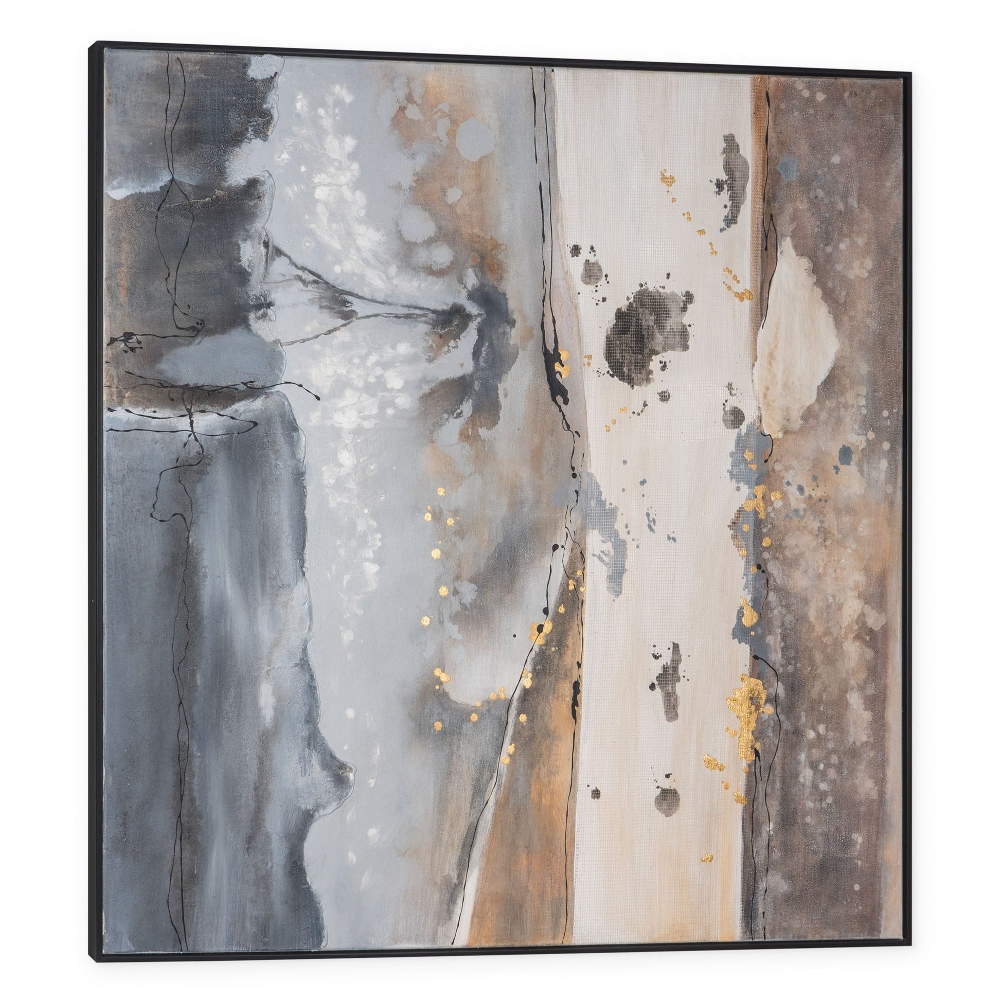 Abstract painting with earthy tones of blue, gray, and brown accented with gold leaf in a black frame.