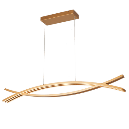 LED linear pendant light gold angled glowing.