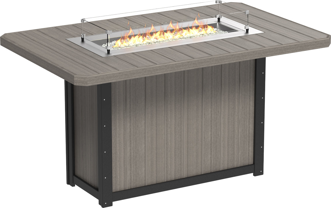 Lumin Rectangular Bar Fire Table 79" in Coastal Gray with Black base, featuring a clean-burning flame and modern design, perfect for outdoor use.