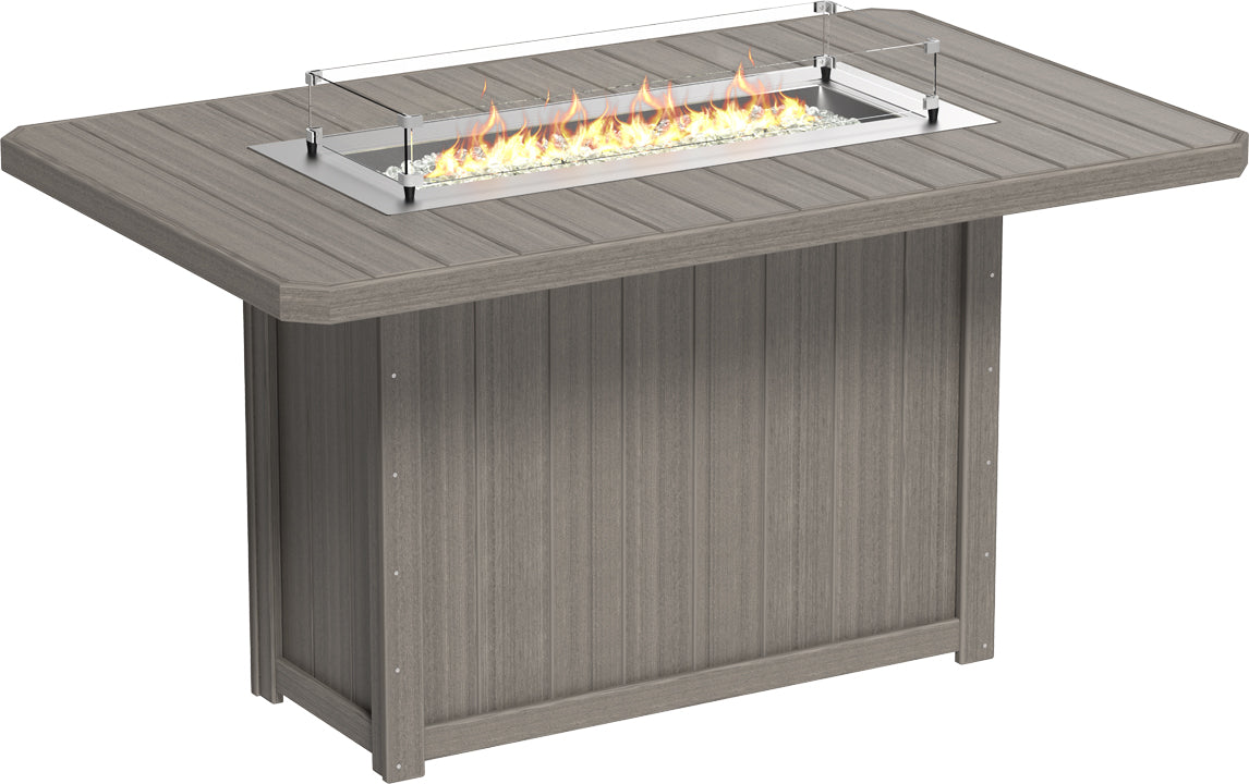 Lumin Rectangular Bar Fire Table 79" in Coastal Gray with Gray base, showcasing a sleek design and durable construction for outdoor settings.