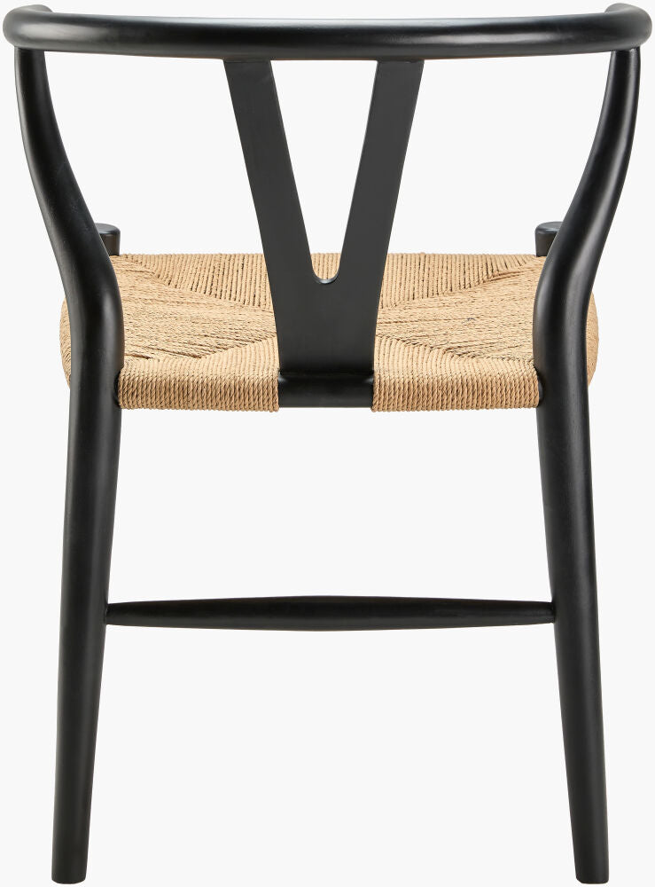 Rear view of Linxia black modern teak wood dining chair with woven seagrass seat and curved backrest.