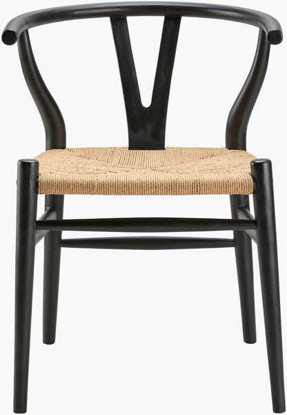 Black modern teak wood dining chair with curved backrest and woven seagrass seat, front view.