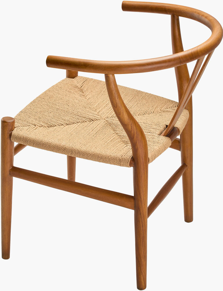 Back view of a brown mid-century modern teak wood dining chair with a woven seat and curved backrest.