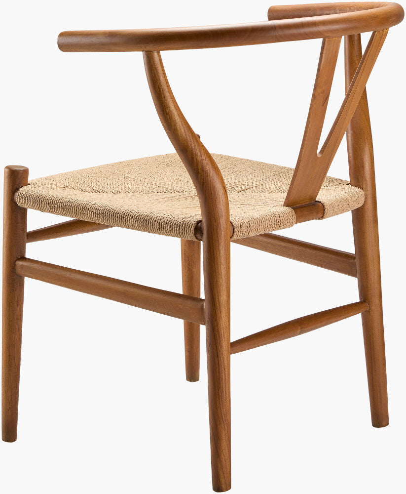 Angled rear view of a brown mid-century teak wood dining chair showcasing the backrest and woven seagrass seat.