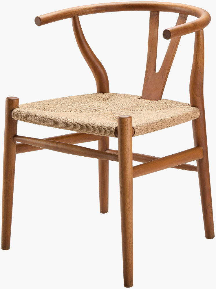 Brown mid-century teak wood dining chair with natural seagrass seat, angled view.