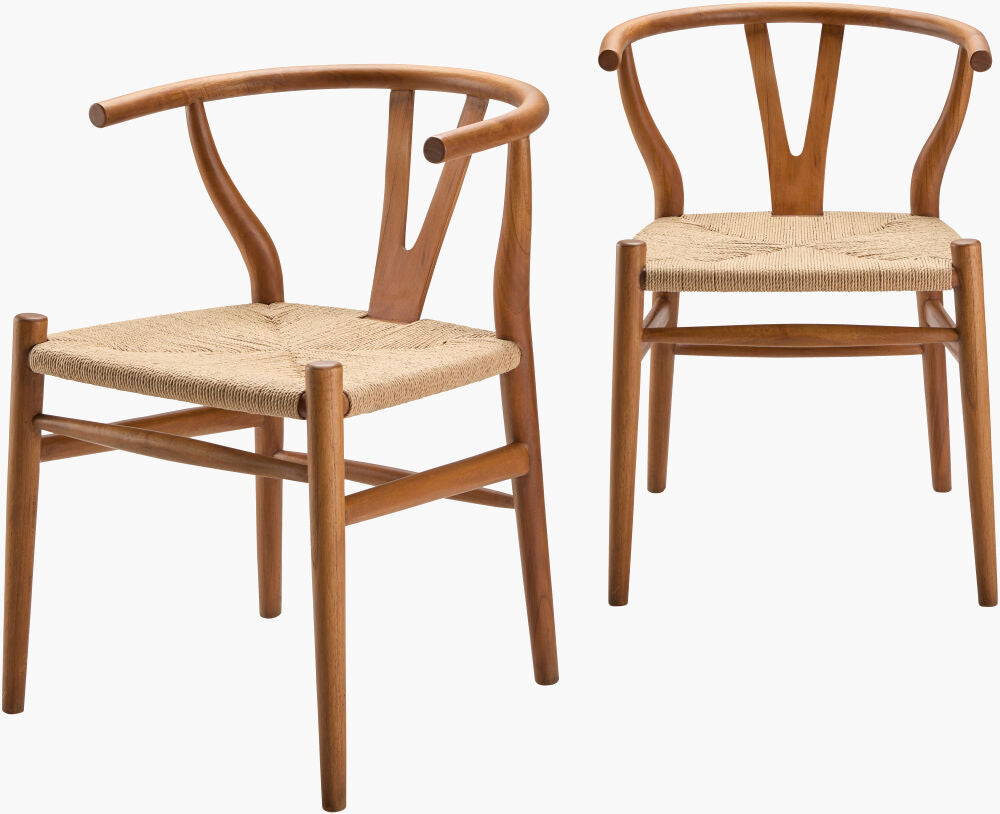 Pair of brown mid-century teak wood dining chairs with natural seagrass seats, front view.