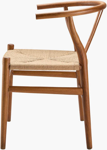 Side view of a brown modern teak wood dining chair with a woven seagrass seat and curved backrest.