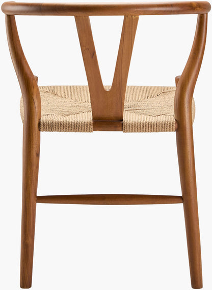 Linxia Brown teak wood mid-century dining chair with woven seagrass seat, viewed from the back.