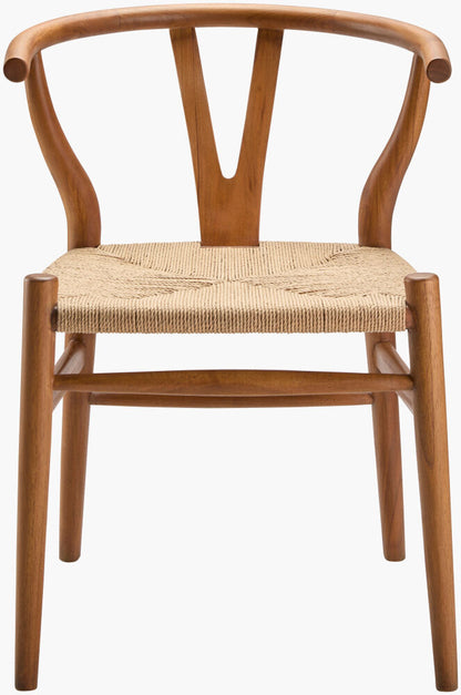 Brown teak wood mid-century dining chair with woven seagrass seat, front view.