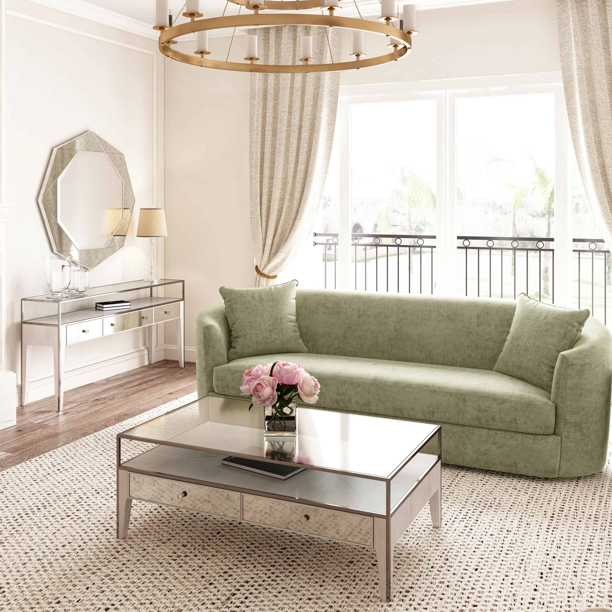 Contemporary living room with green couch and Mezzanine Transitional Mirror.