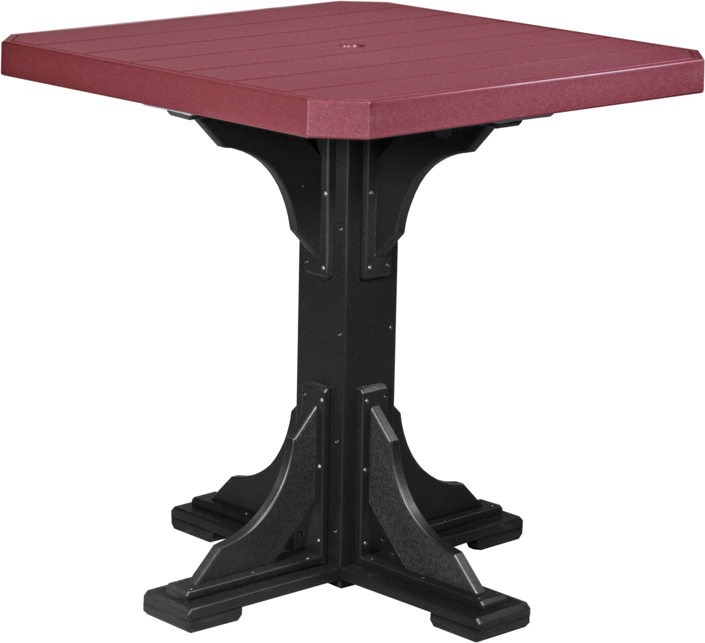 LuxCraft cherrywood and black compact bar table with square top, ideal for outdoor patio dining.