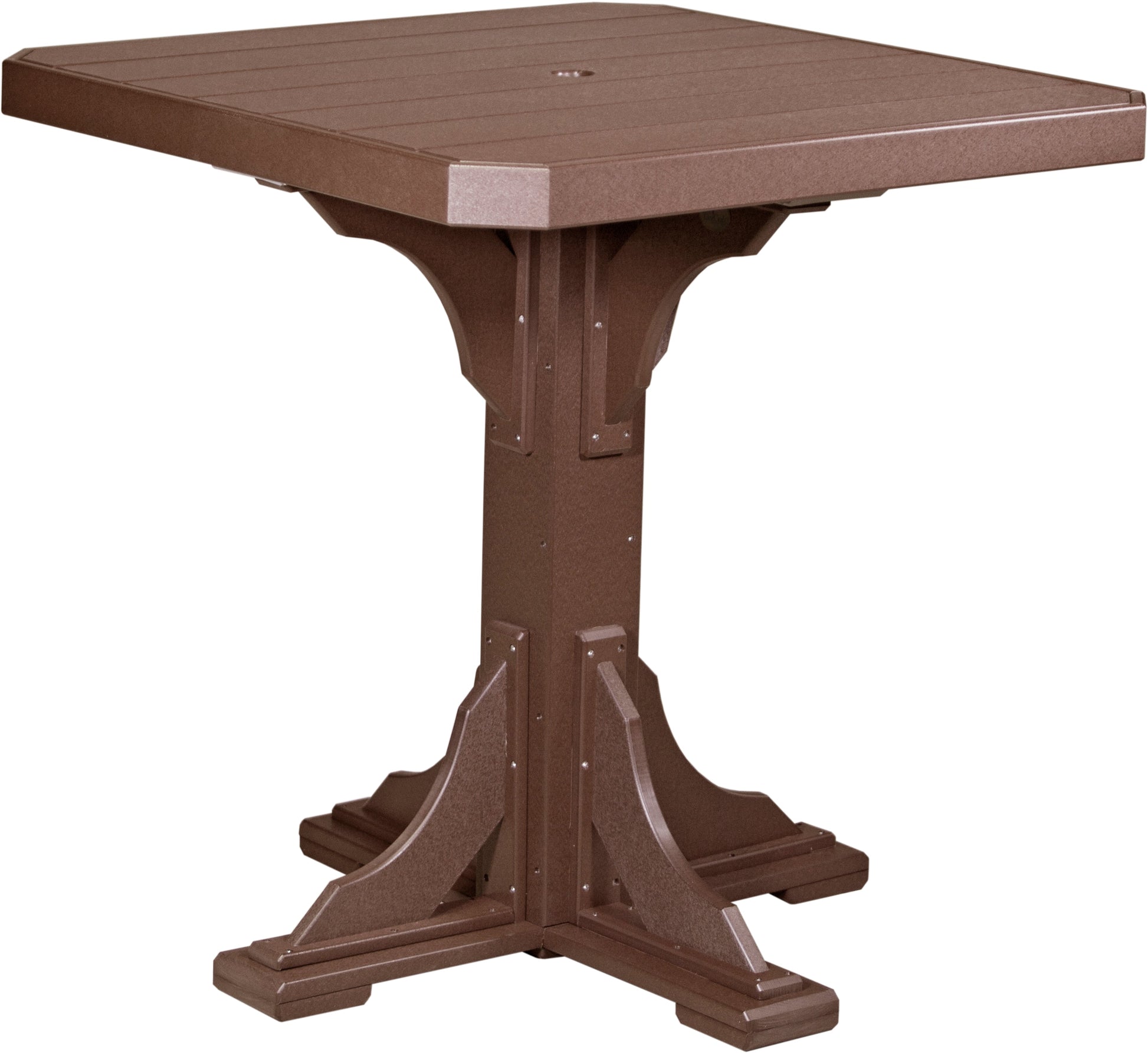 Chestnut brown compact bar table with a pedestal base, ideal for small outdoor patio spaces.