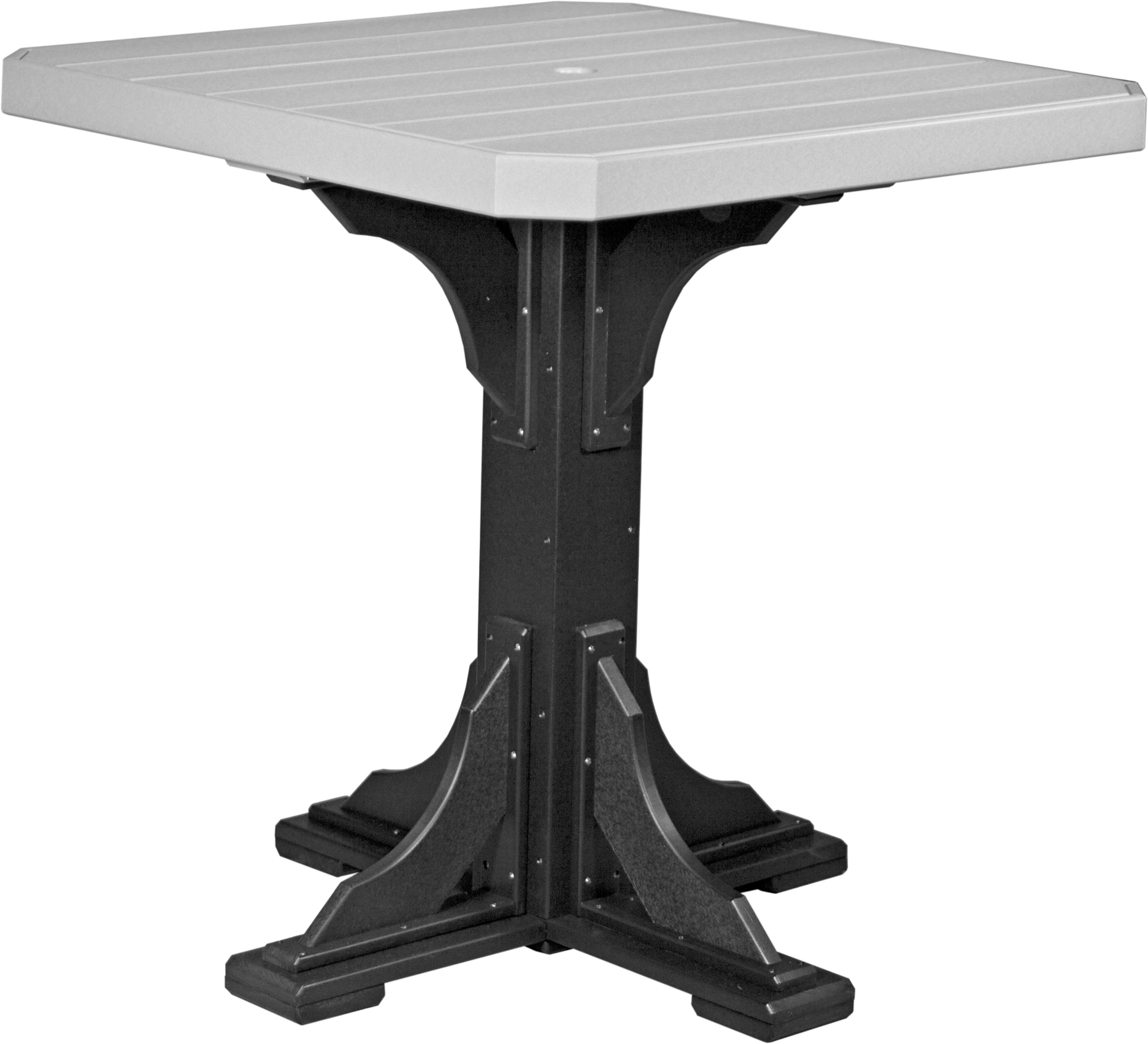 LuxCraft dove gray and black outdoor square bar table, designed for weather resistance and seating four.