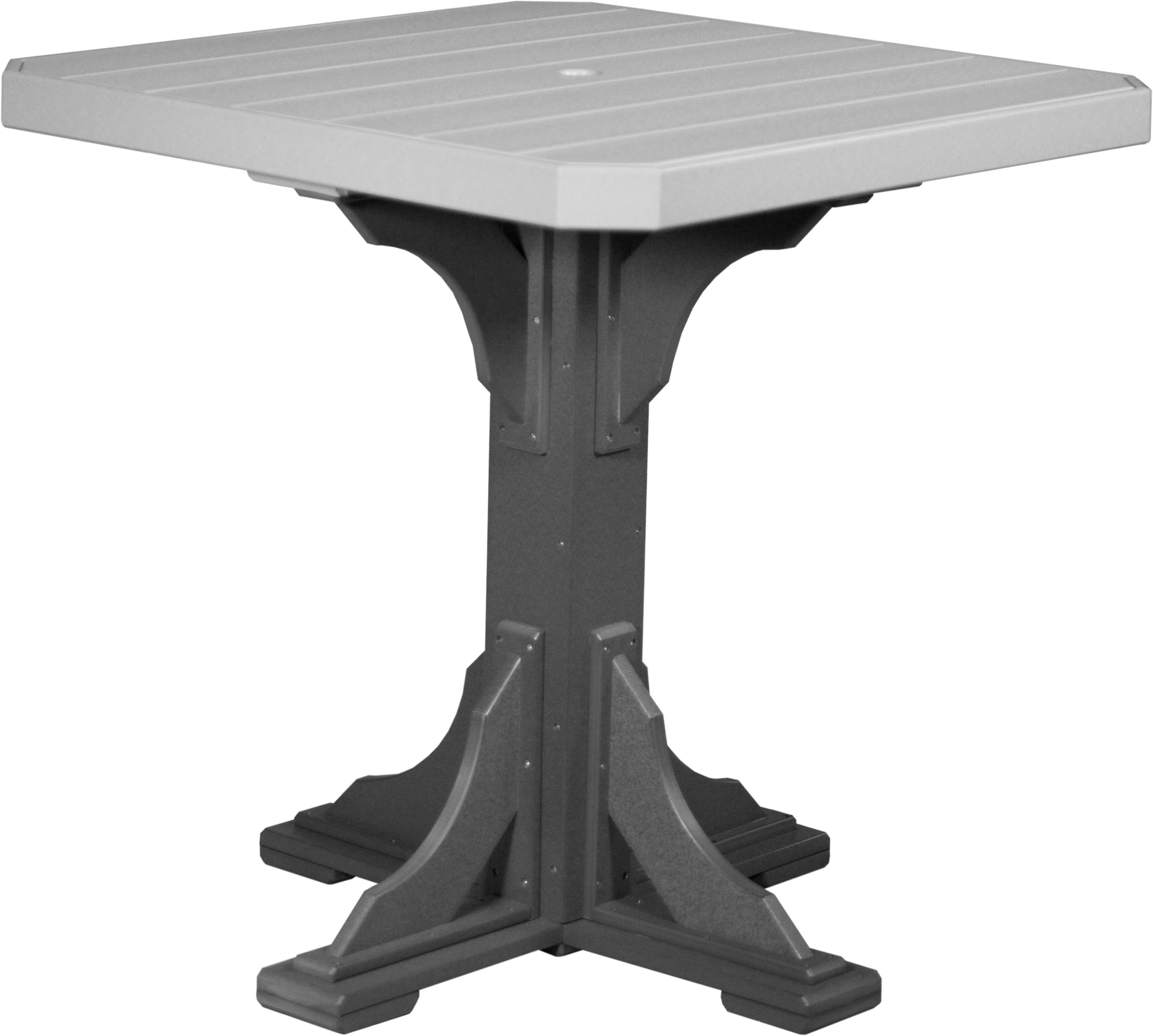 LuxCraft dove gray and slate patio bar table for 4, built for durability and outdoor gatherings.