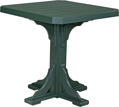 LuxCraft green outdoor square bar table with a sturdy pedestal, perfect for seating four on patios.