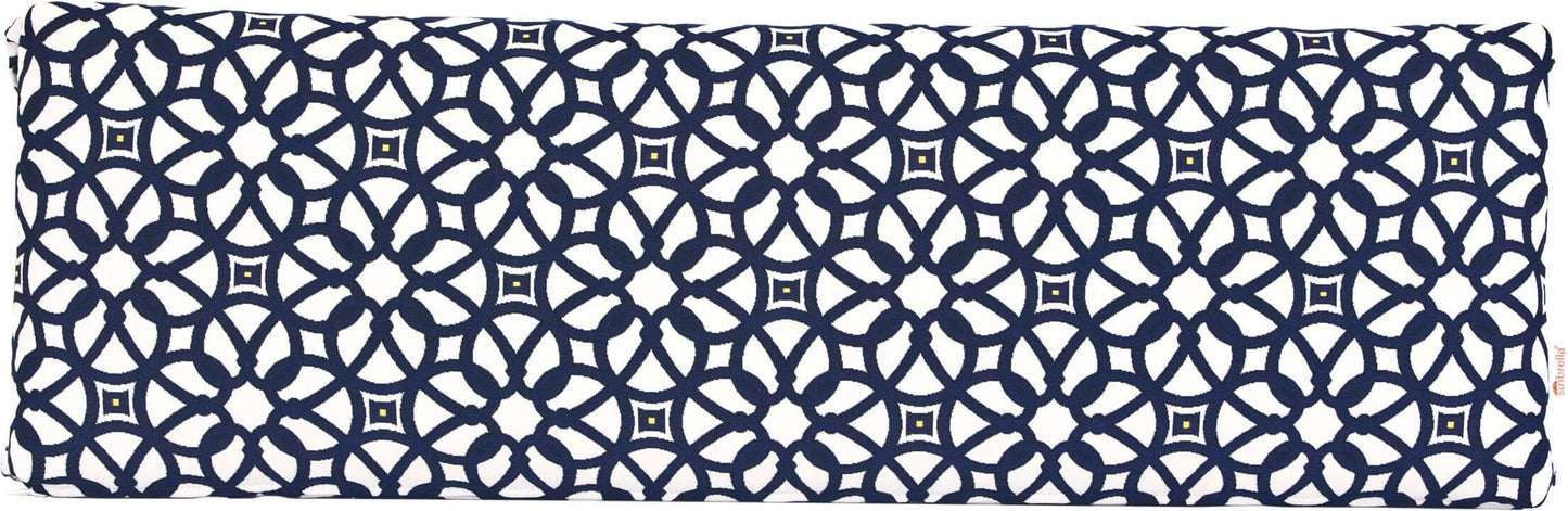 Bold patterned outdoor bench cushion in Luxe Indigo with a dark navy geometric design.