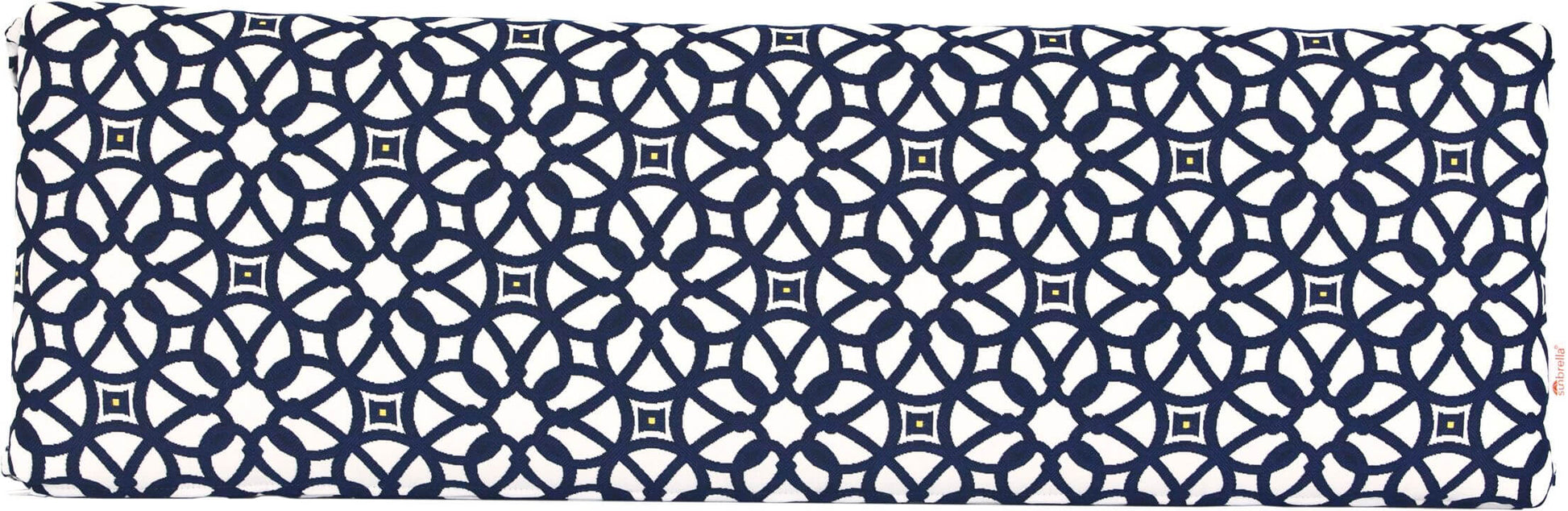 Bold patterned outdoor bench cushion in Luxe Indigo with a dark navy geometric design.