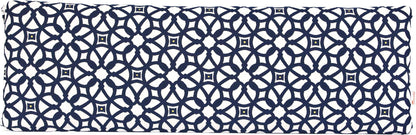 Bold patterned outdoor bench cushion in Luxe Indigo with a dark navy geometric design.