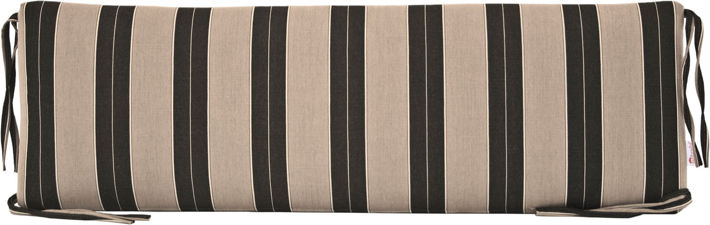 Striped outdoor bench cushion in Berenson Tuxedo featuring black, gray, and beige tones for a classic look.