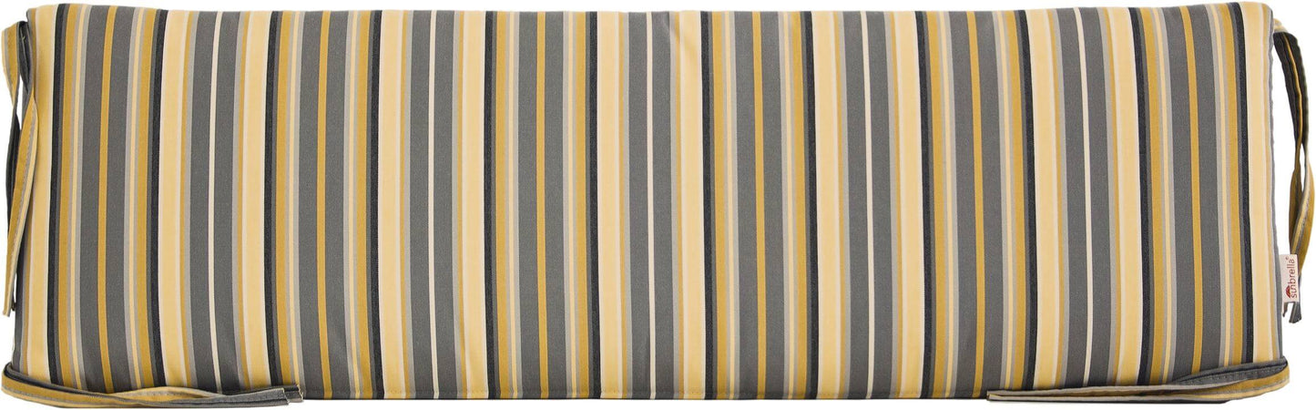 Outdoor bench cushion in foster metallic fabric with sleek metallic striped pattern