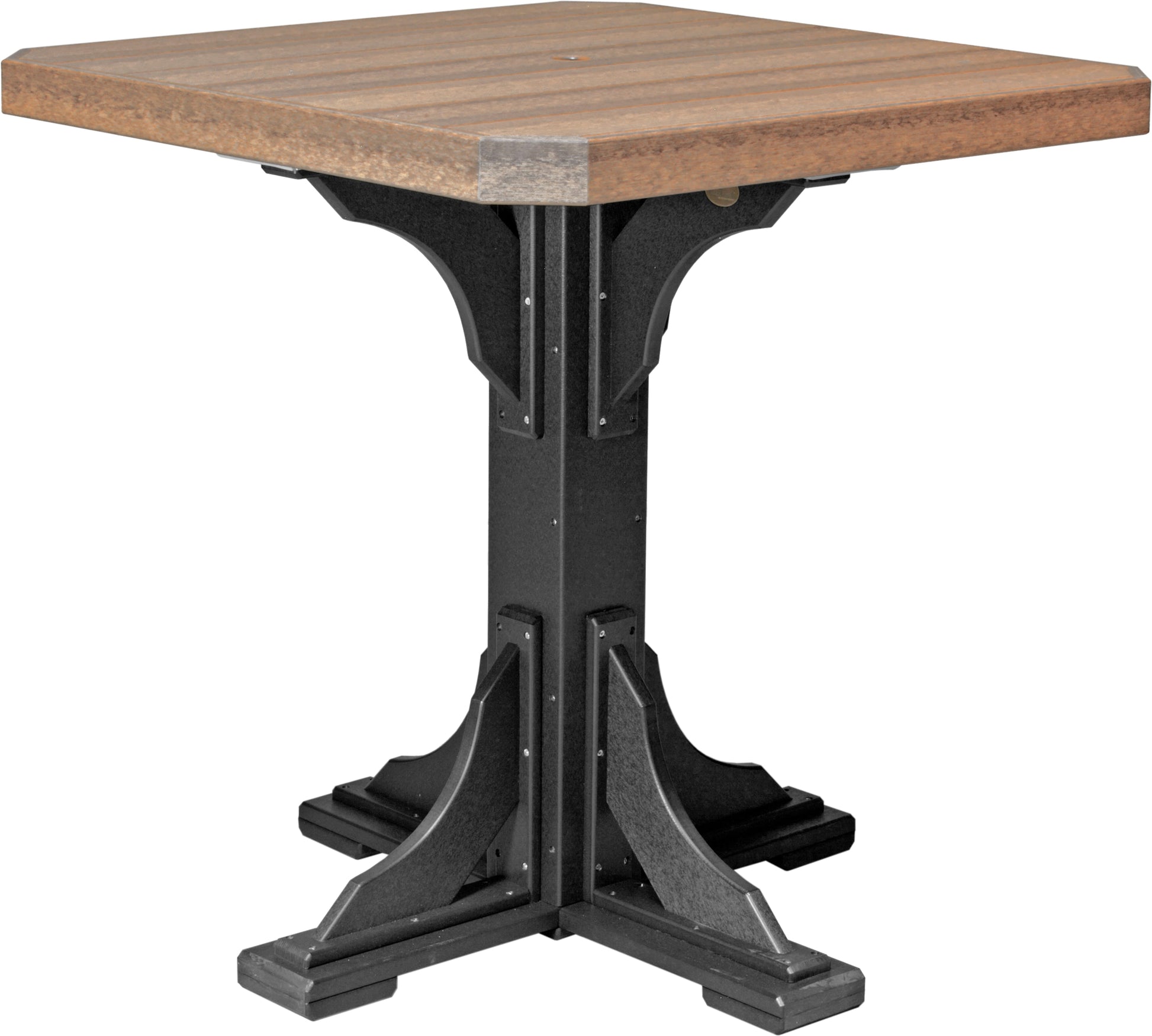 Antique Mahogany and black outdoor square bar table with a pedestal base, weather-resistant design.