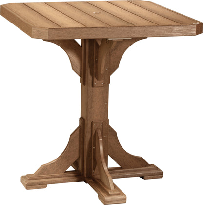 Outdoor square bar table in antique mahogany with a sturdy pedestal base, perfect for patio dining.