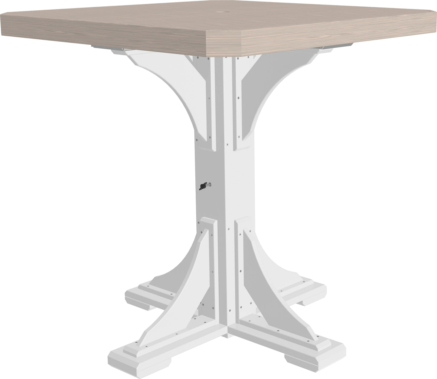 Birchwood and white patio bar table with a sturdy pedestal base, perfect for outdoor gatherings.