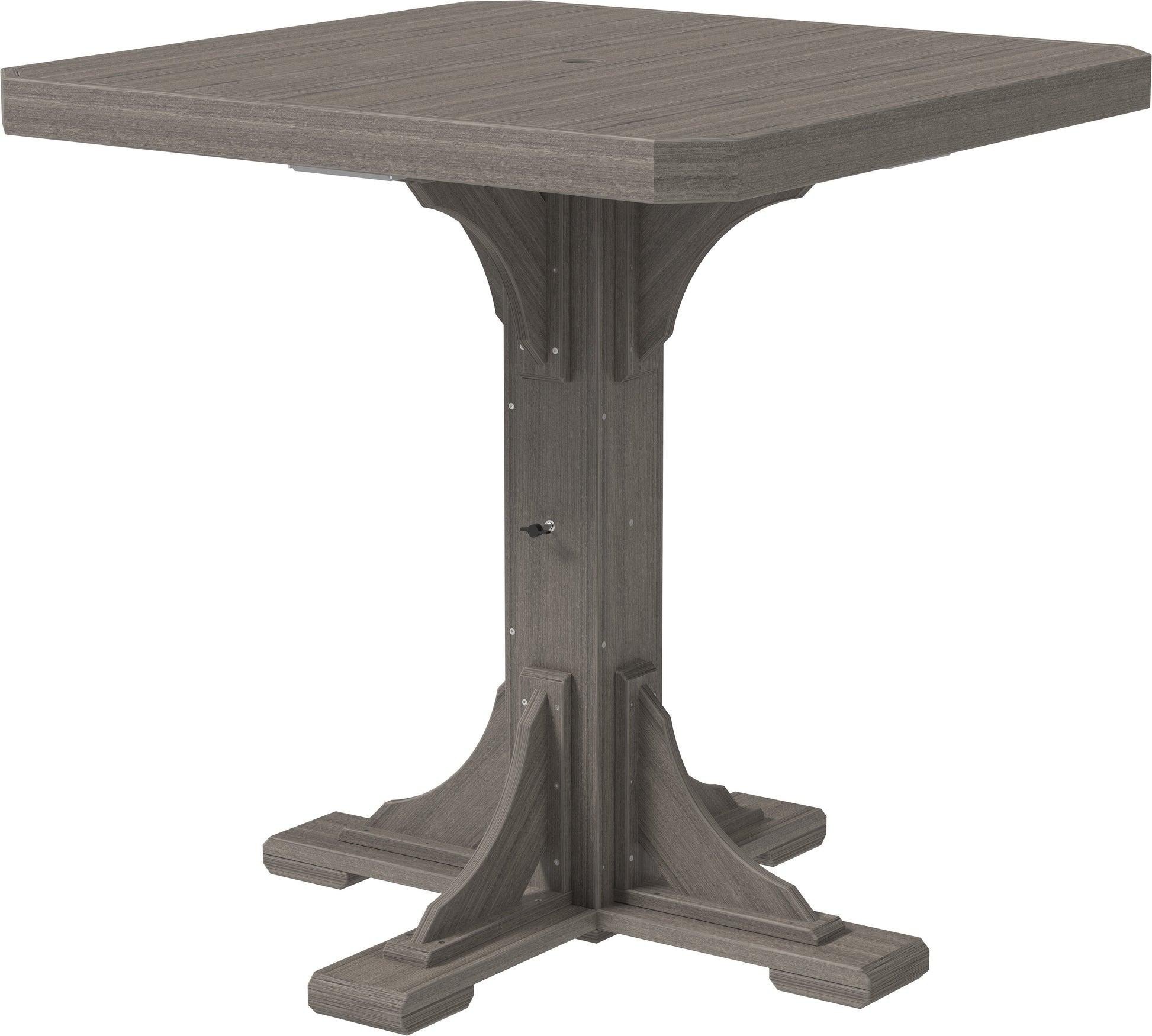 Coastal gray square patio bar table with a pedestal base, built from eco-friendly poly lumber.