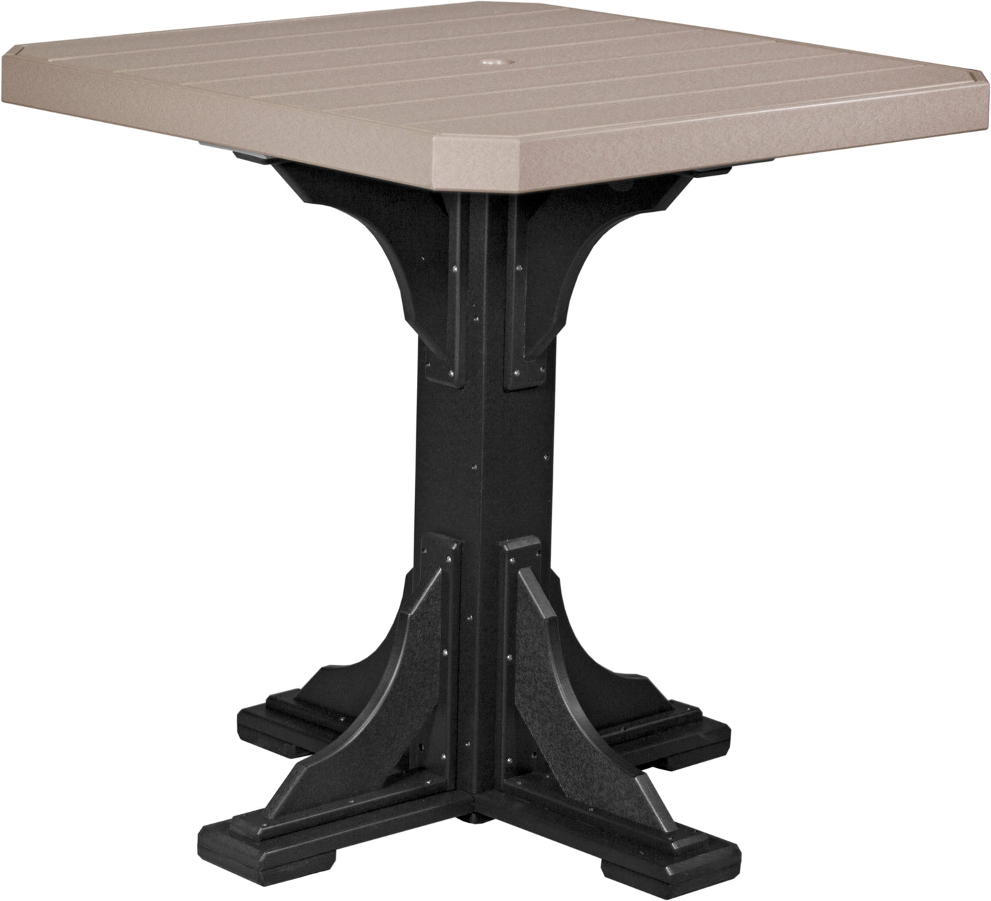 LuxCraft weatherwood and black patio bar table for 4, with square top and durable poly lumber.