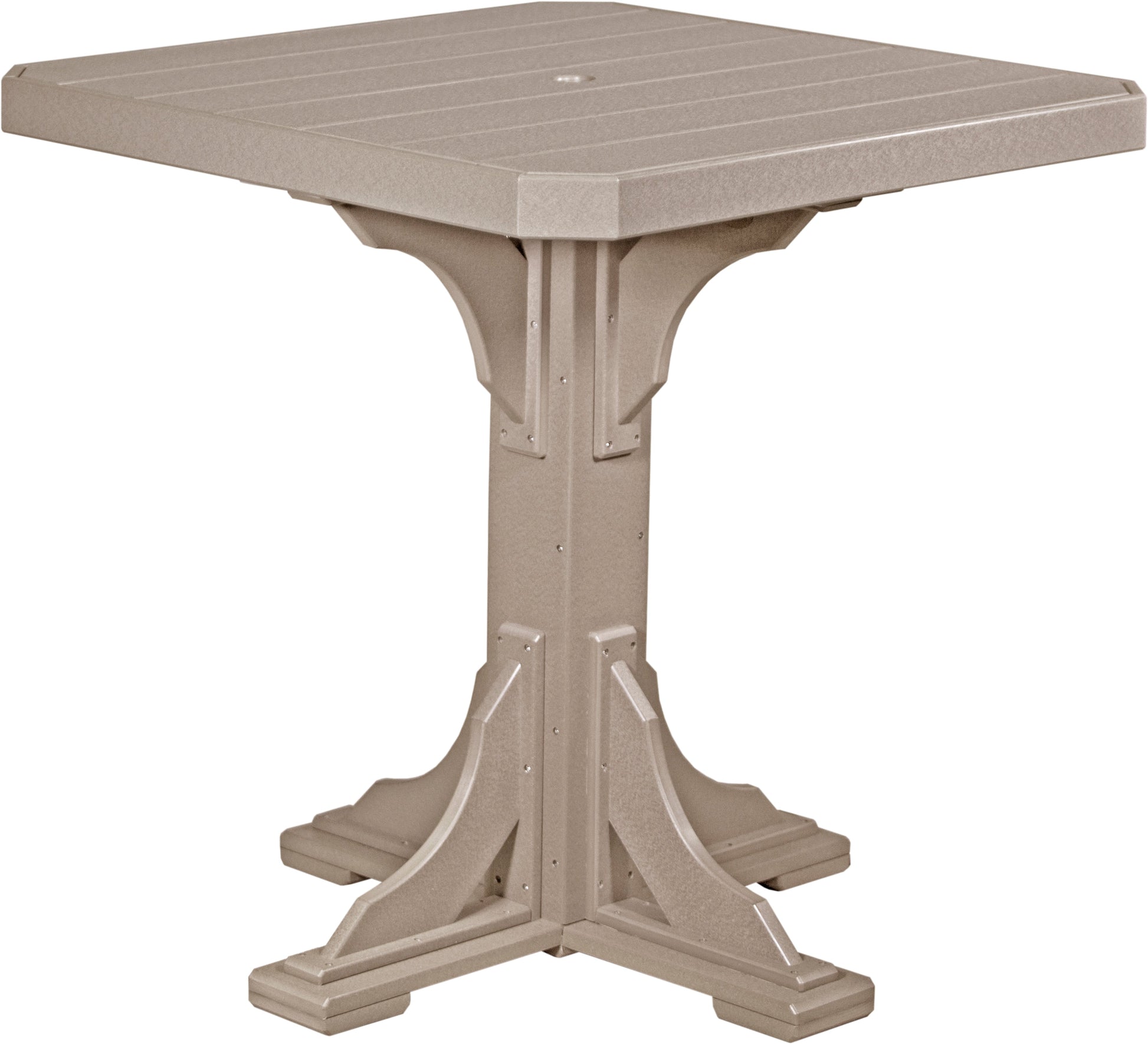 LuxCraft weatherwood square bar table, designed for seating four on outdoor patios.