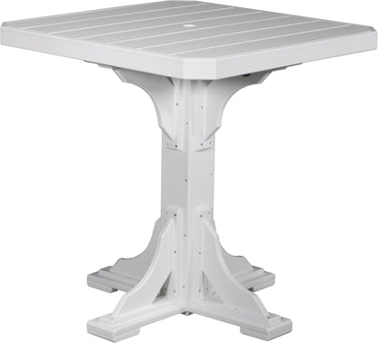 LuxCraft white compact bar table with a square top and pedestal base, great for outdoor use.