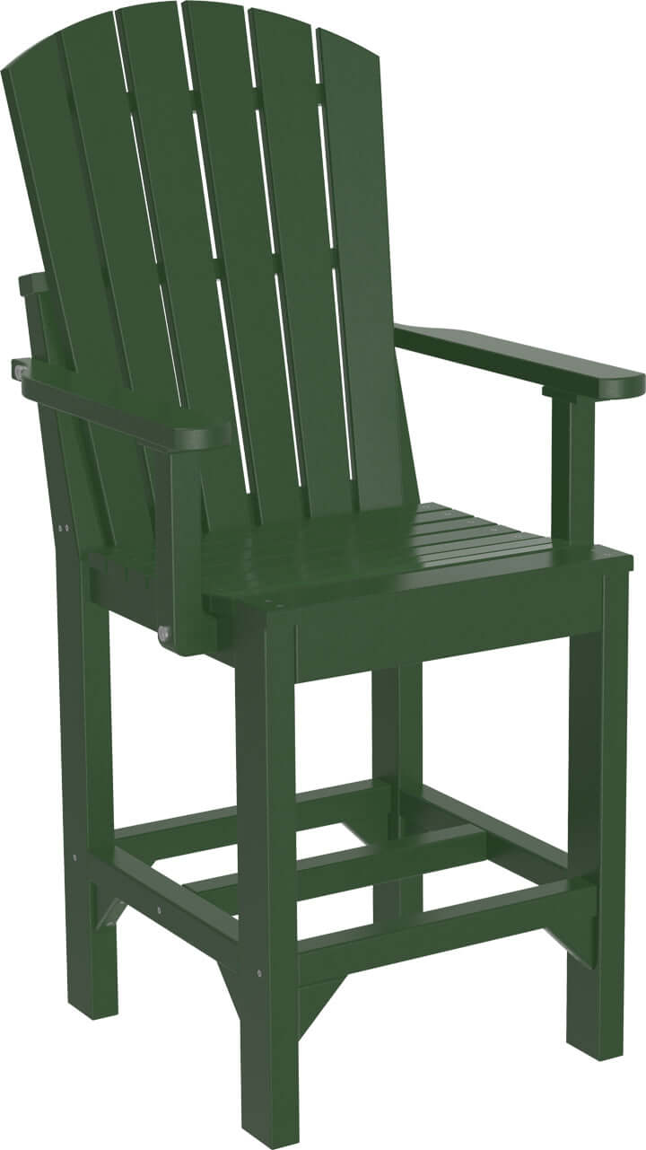 Image of a outdoor counter height armchair in a vibrant green finish with a slatted back.