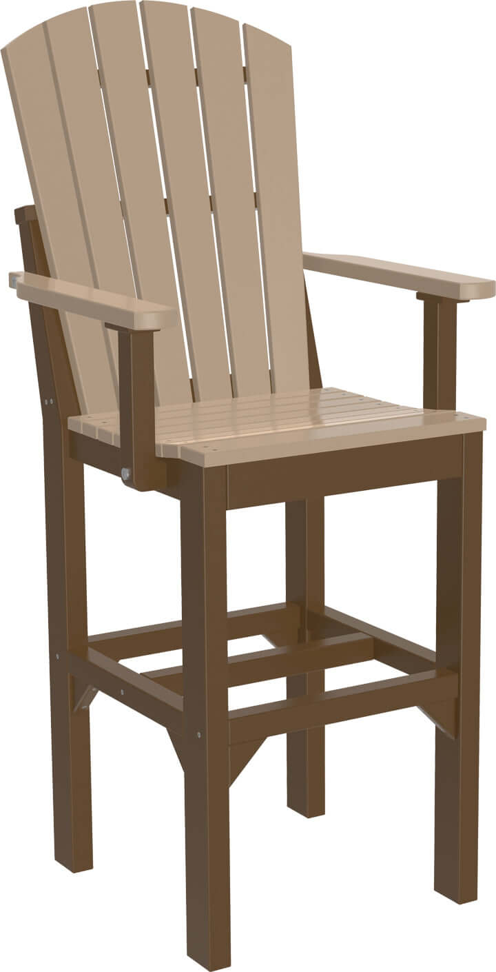 LuxCraft adirondack patio bar arm chair, weatherwood seat with chestnut brown frame, classic design.