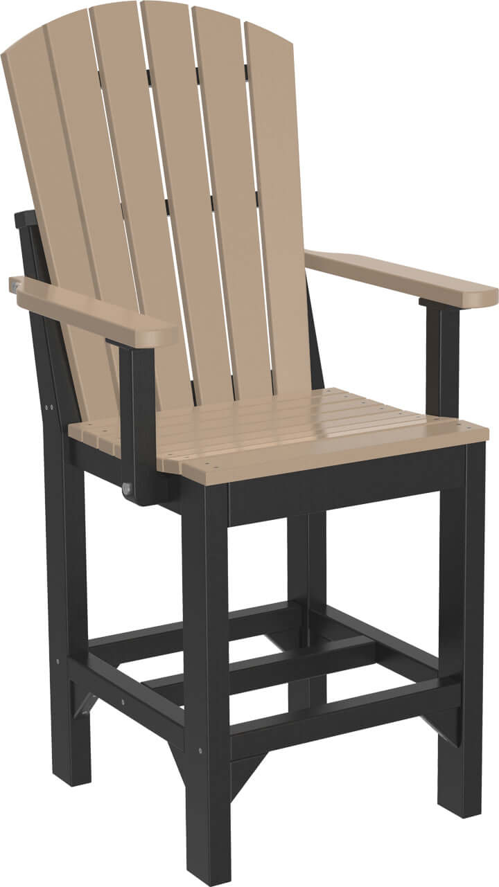 Adirondack counter height armchair in weatherwood and black with vertical slats, black armrests, and a supportive cross-frame