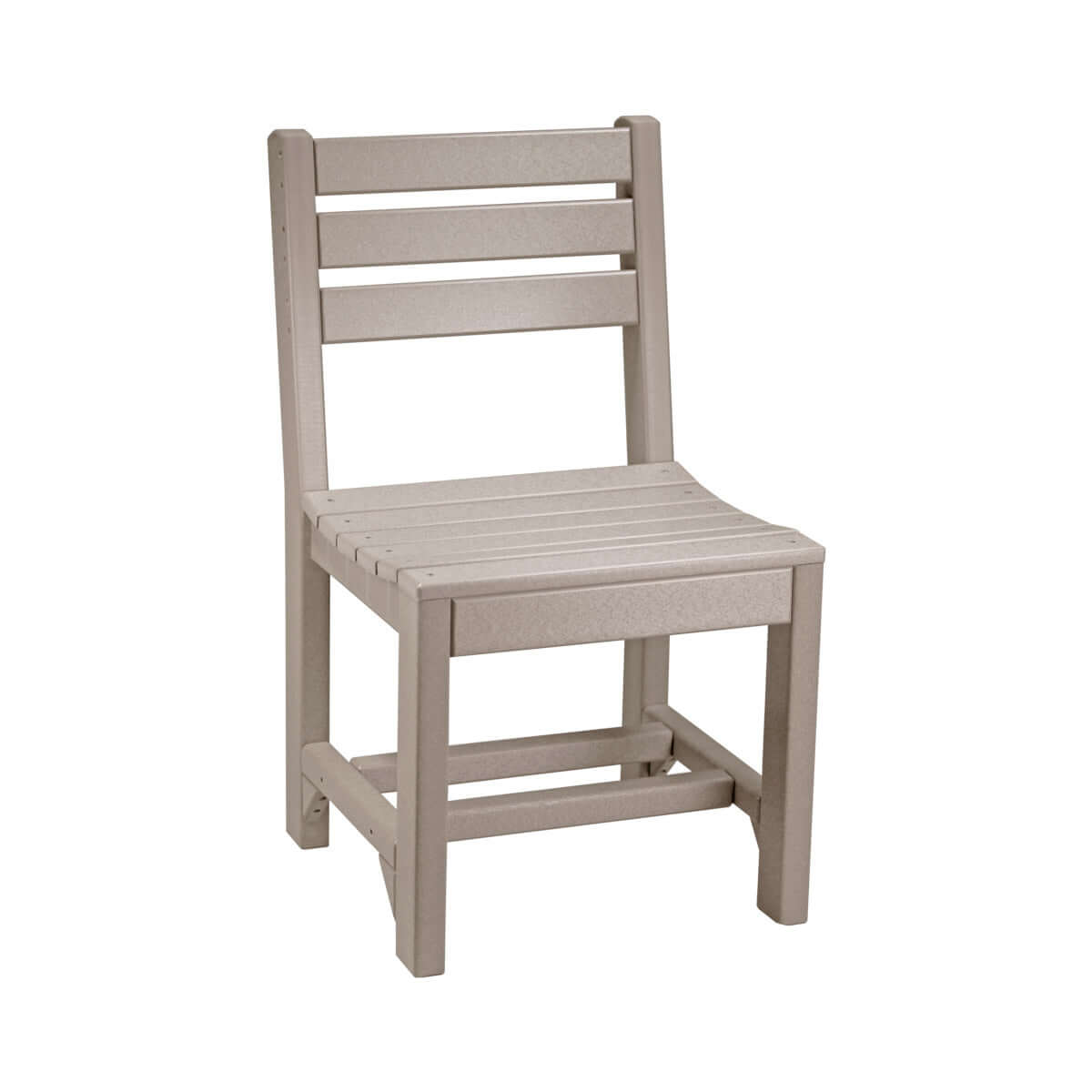 Weatherwood-colored outdoor dining chair, designed for modern outdoor settings with a low back and horizontal slats.