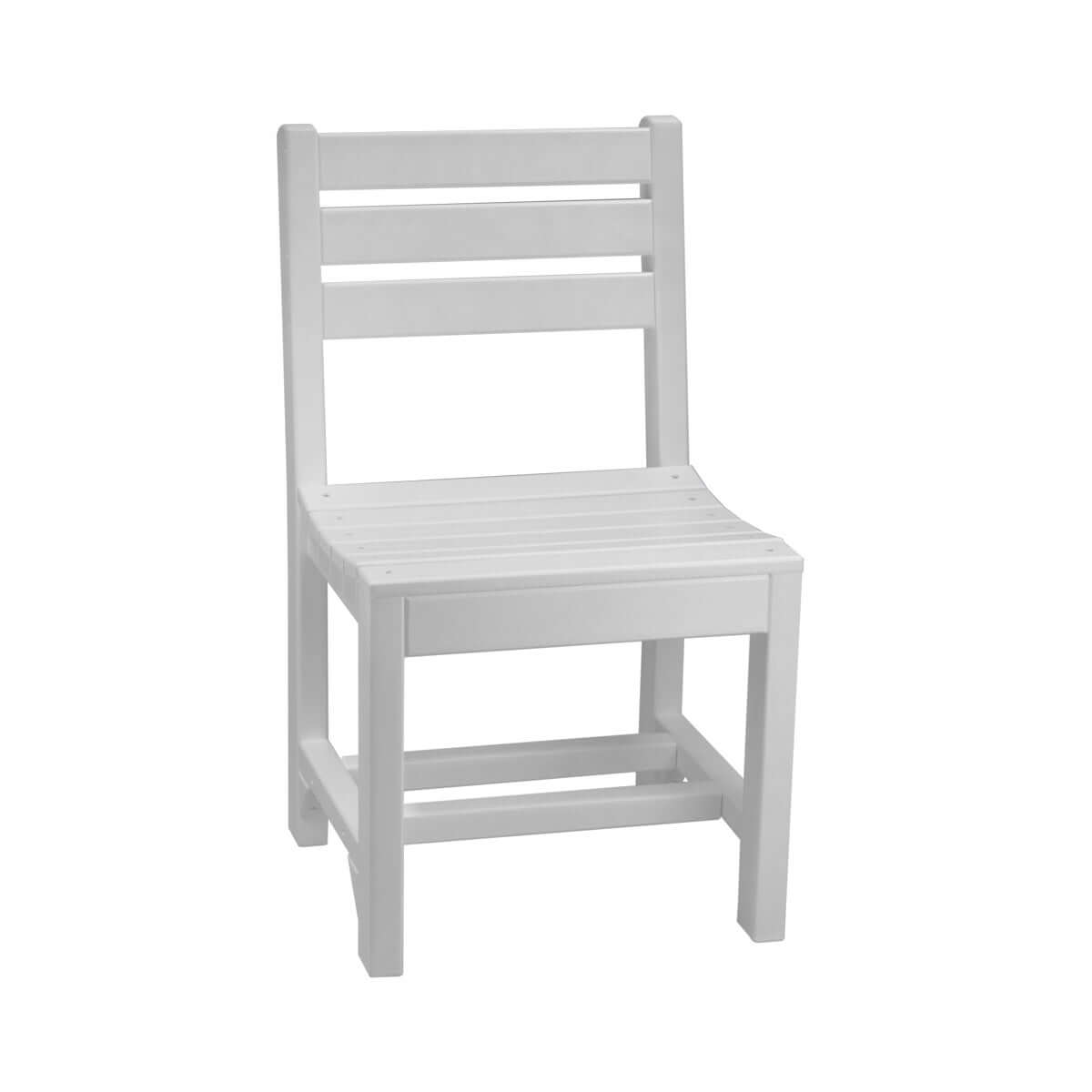 All-white Poly Island Outdoor Dining Chair with a low-back, slatted seat, and clean lines.