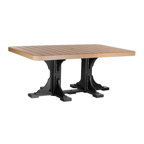 LuxCraft 4' x 6' outdoor rectangular dining table, cedar top with black frame, built for outdoor dining.