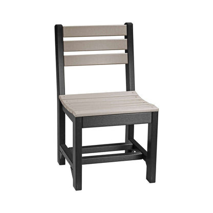 Weatherwood and Black Poly Island Outdoor Side Chair with slatted seat and backrest design.