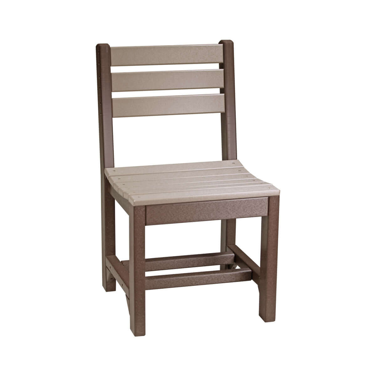 Poly Island Outdoor Side Chair in Weatherwood and Chestnut Brown with straight-back design.