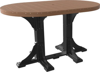 LuxCraft 4' x 6' Oval Bar Table in Antique Mahogany with Black base, shown at bar height.