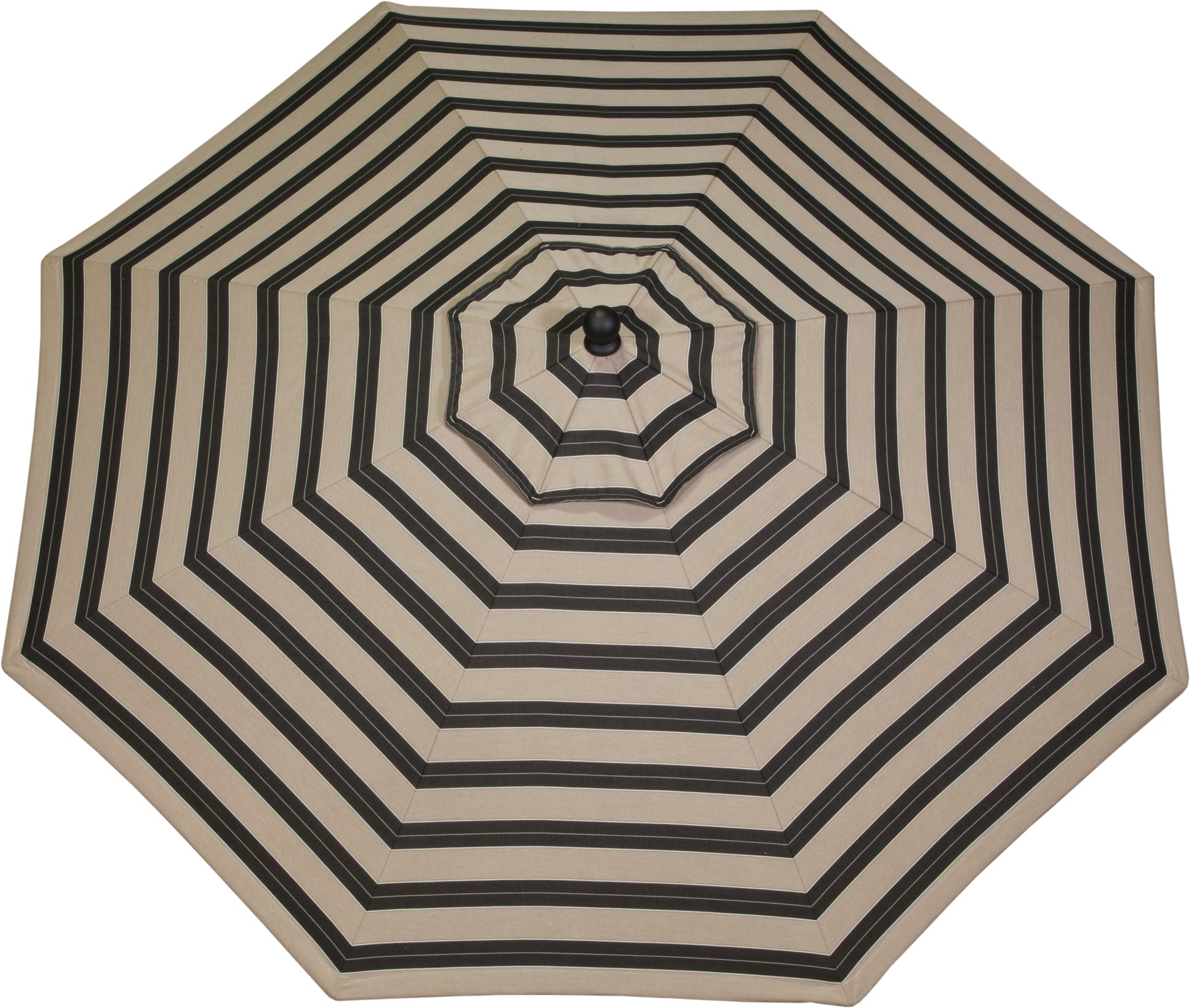 Berenson Tuxedo 9' patio umbrella with classic black and white stripes, top view.