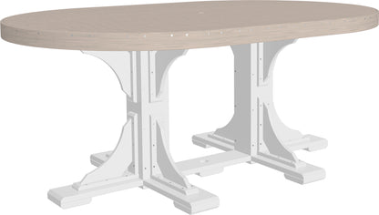 LuxCraft Poly 4' x 6' Oval Outdoor Dining Table in Birchwood and White.