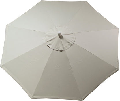 Canvas 9' outdoor umbrella with clean, solid white design, top view.